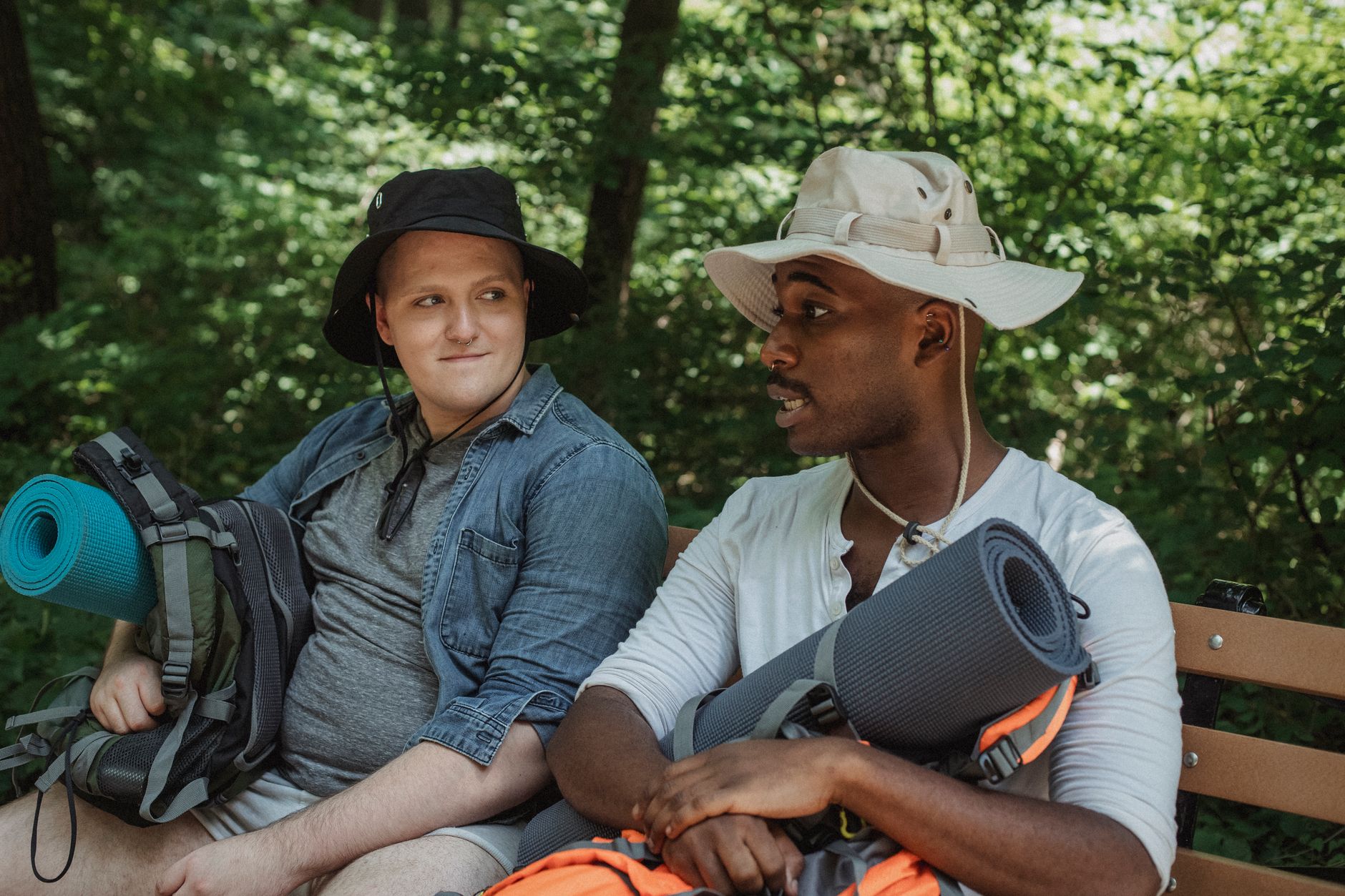 Two men talking outdoors